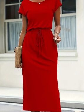 Red Drawstring Waist Maxi Dress - Women